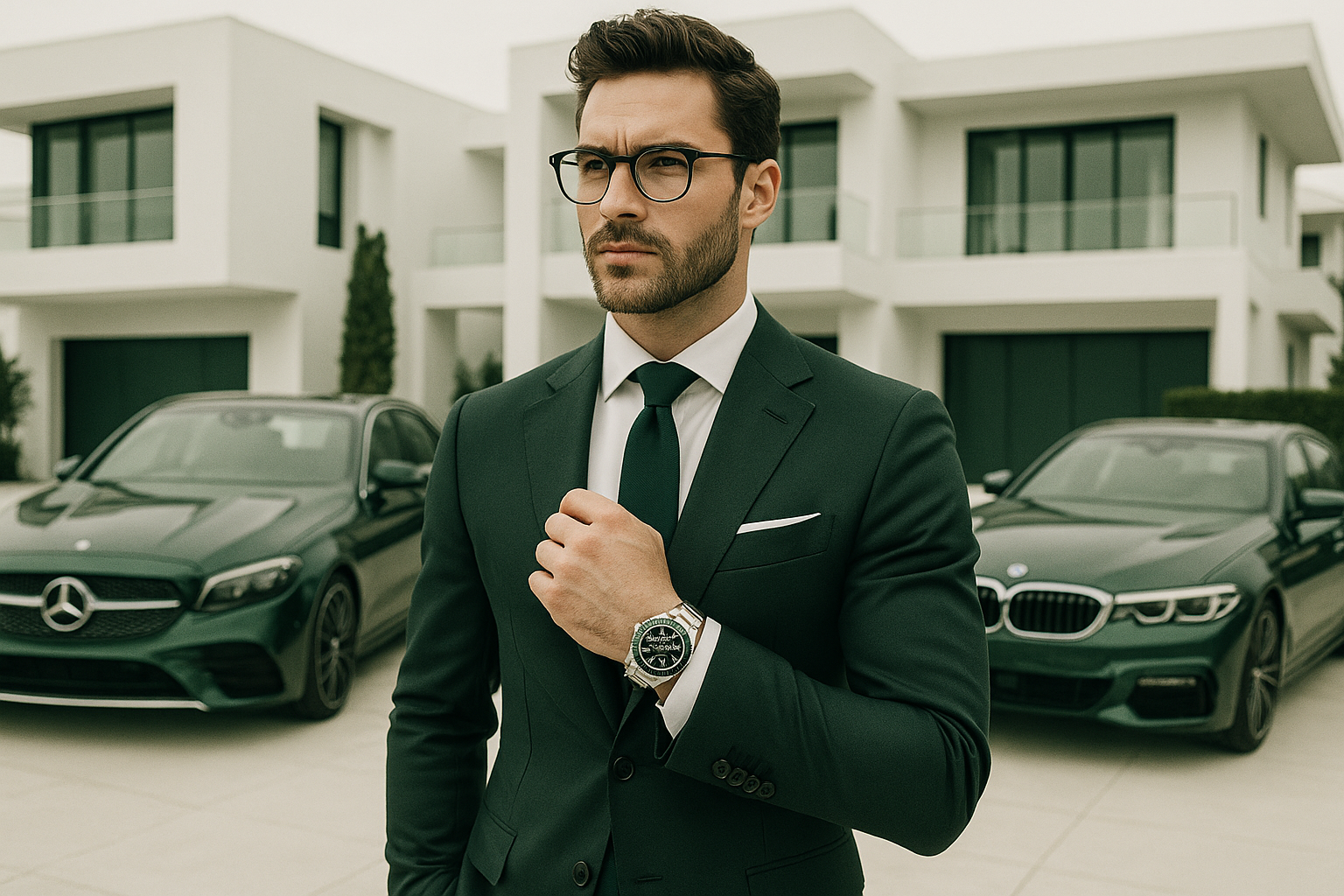 Hombre luciendo un reloj lujoso, con carros y casas lujosas detras, que la paleta de colores predominante sea el blanco y un verde Rolex oscuro